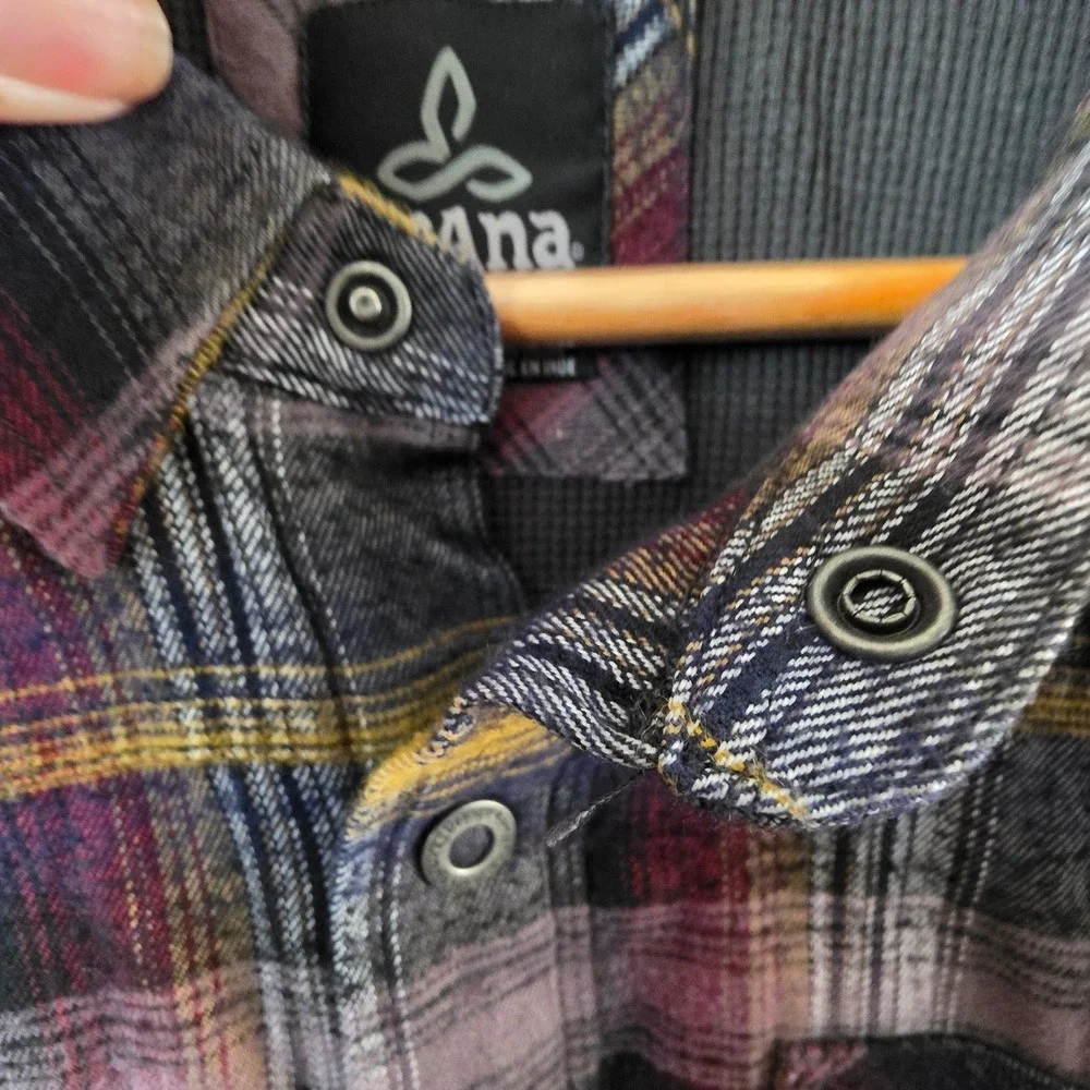 Prana Mens XL Plaid Flannel Shirt Jacket Thermal Lined Snap Front Purple Yellow